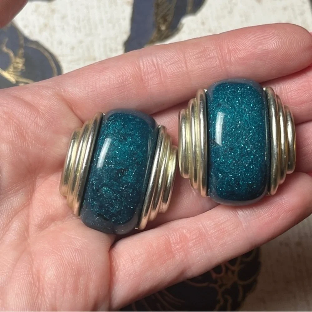 Vintage 80s Silver and Teal Blue Sparkle Enamel Oversized Statement Earrings D2